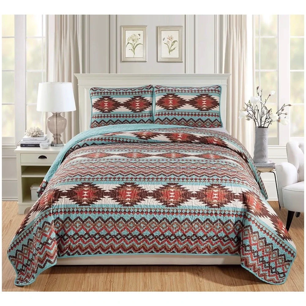 Rustic King Size Southwestern Quilt Stitched Western Bedspread Bedding Tribal